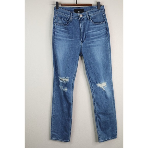 3X1 Jeans Women 27 Straight Leg Medium Wash‎ High Rise Demin Distressed Crop - Picture 1 of 15
